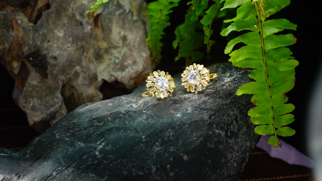 A pair of earrings sitting on top of a rock